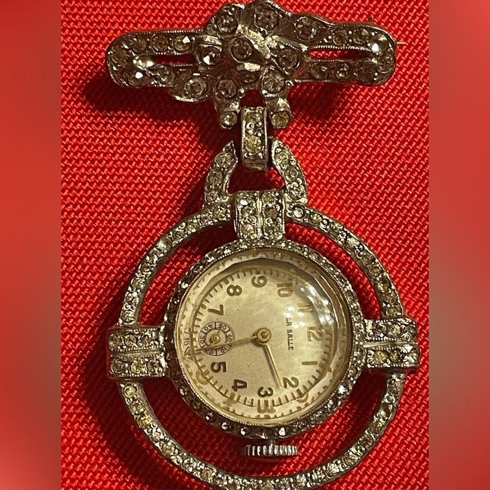 Vintage La Salle rhinestone brooch/pin watch. Lapel watch. Art Deco. Unique item